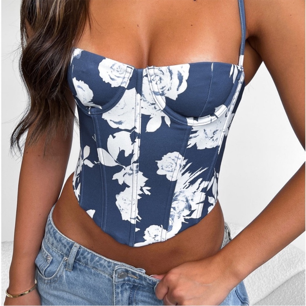 White Fox - Floral Corset Top - Blue & White